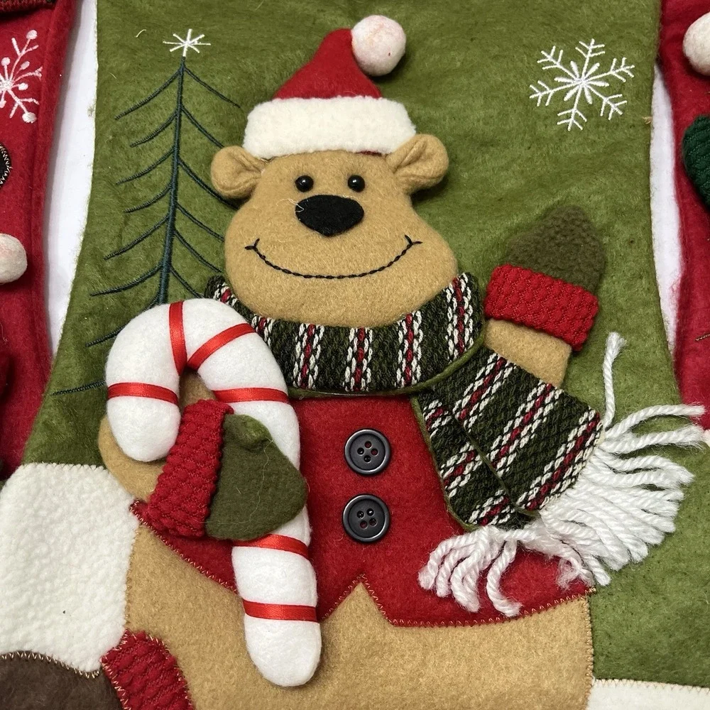 Christmas Stockings Set Of 3 Plush Reindeer Bear Snowman Knitted Embroidered 18